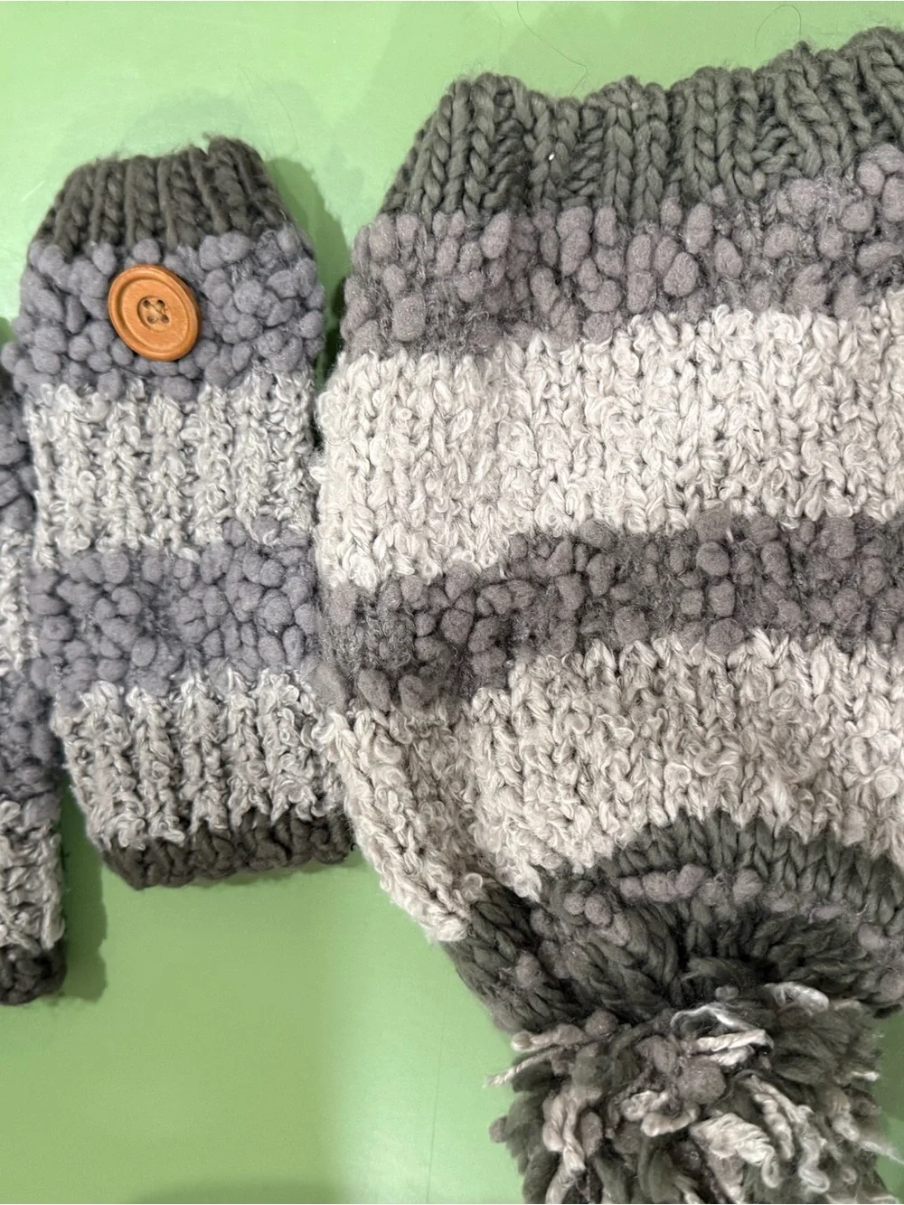 Striped Gray Knit Pom Beanie and Mittens Set with Button Accent